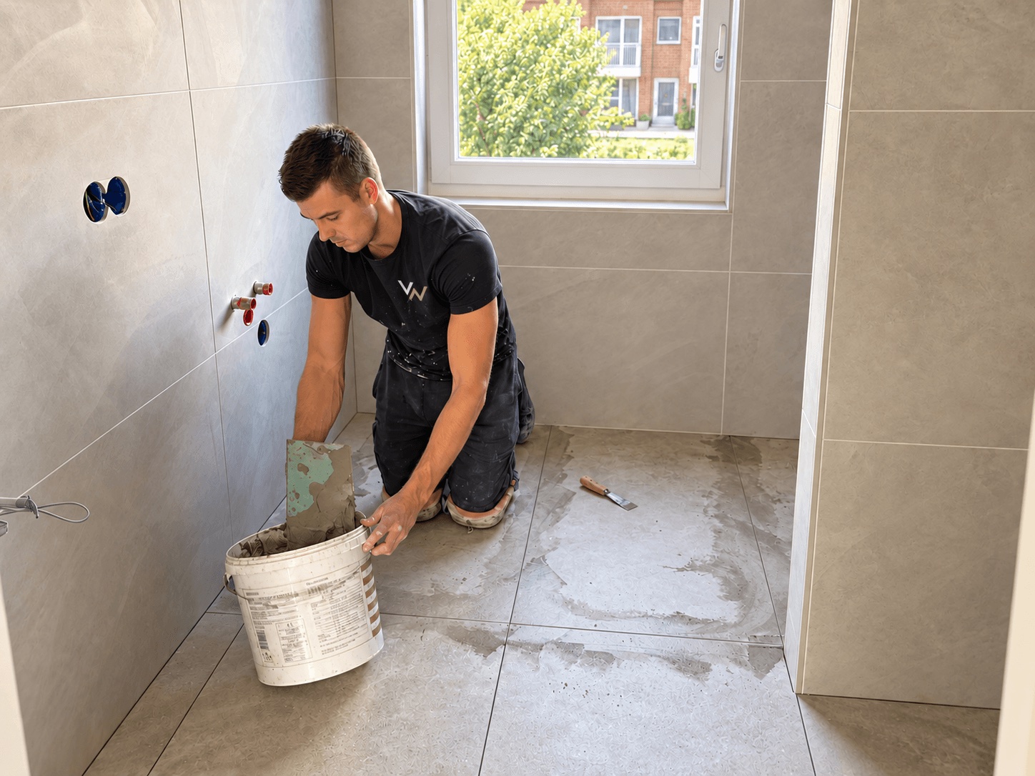 Sven van Van Wees Tegelwerken op zijn knieën in een badkamer, bezig met het leggen van vloertegels.